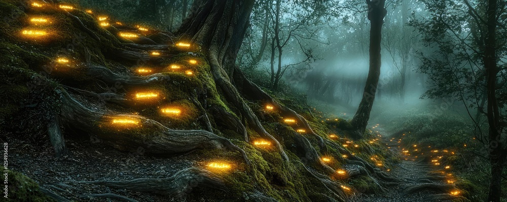 Poster glow forest concept. a mystical forest path illuminated by glowing lights in the trees and mist.