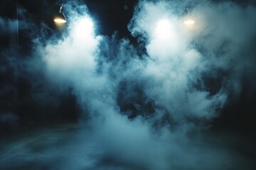 Mysterious interior with fog and warm lights in an industrial space