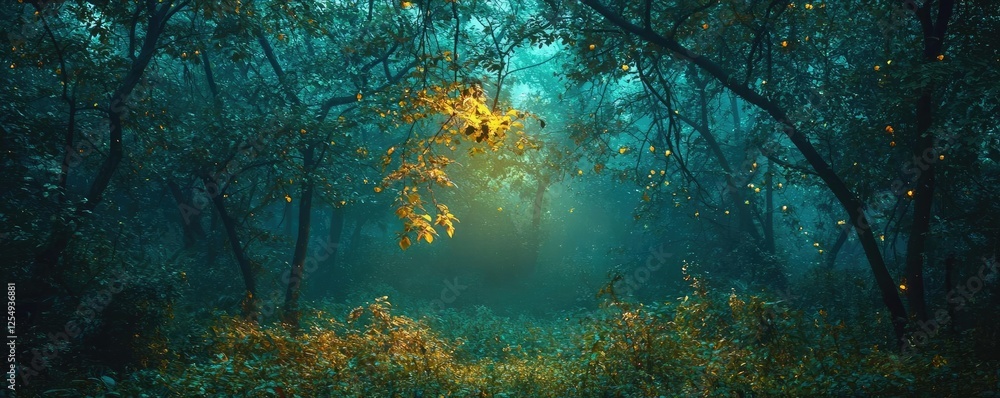 Poster glow forest idea. serene forest scene with soft light filtering through trees and vibrant foliage.