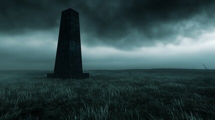 Dark Stone Tower on a Cloudy Horizon Mystery and Foreboding Landscape in Overcast Environment Serenity
