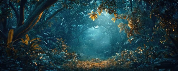 Glow forest idea. A mystical forest scene illuminated by soft light, showcasing lush greenery and tranquility.