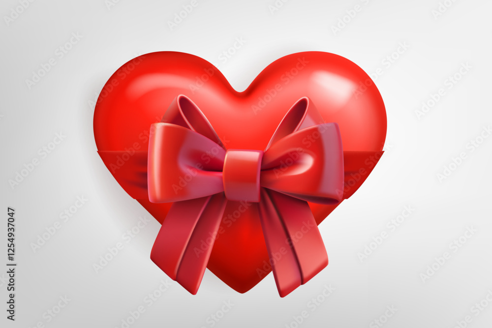 Poster red heart with red bow isolated on white background. 3d vector illustration