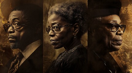 Three mature Black individuals, each with unique styles, emphasize wisdom and strength against a dramatic textured background.
