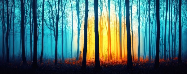 Obraz premium Glow forest idea. A serene forest scene with vibrant colors and soft light filtering through the trees.
