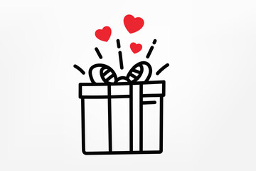Gift box with red hearts. Vector doodle illustration