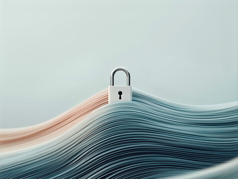 Conceptual Image of Lock on Flowing Paper Waves Representing Data Security