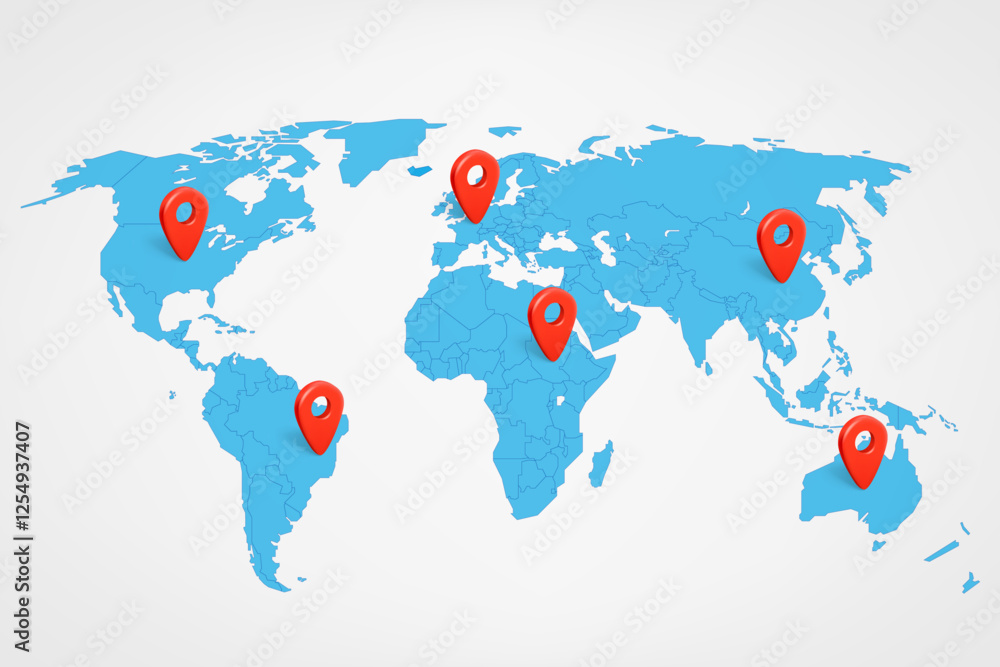Poster world map with red 3d pins. 3d vector illustration