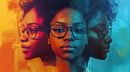 Fototapeta premium A confident African American woman with glasses, showcasing her diverse personality through vibrant colors and artistic layering.
