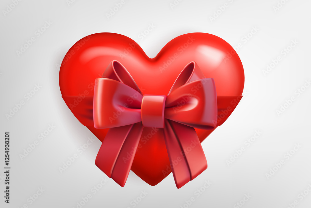 Poster red heart with red bow isolated on white background. 3d vector illustration
