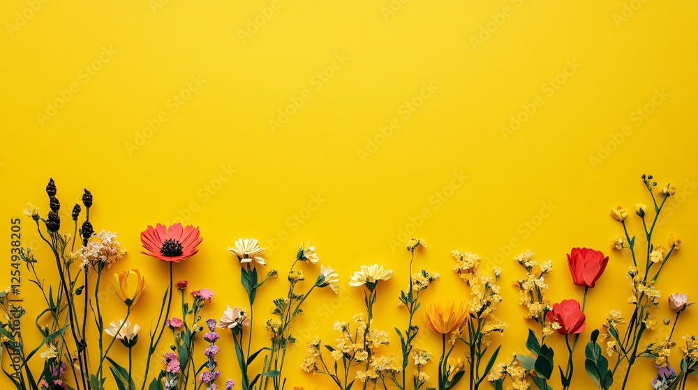 Poster a vibrant array of colorful flowers against a bright yellow background, creating a cheerful and live