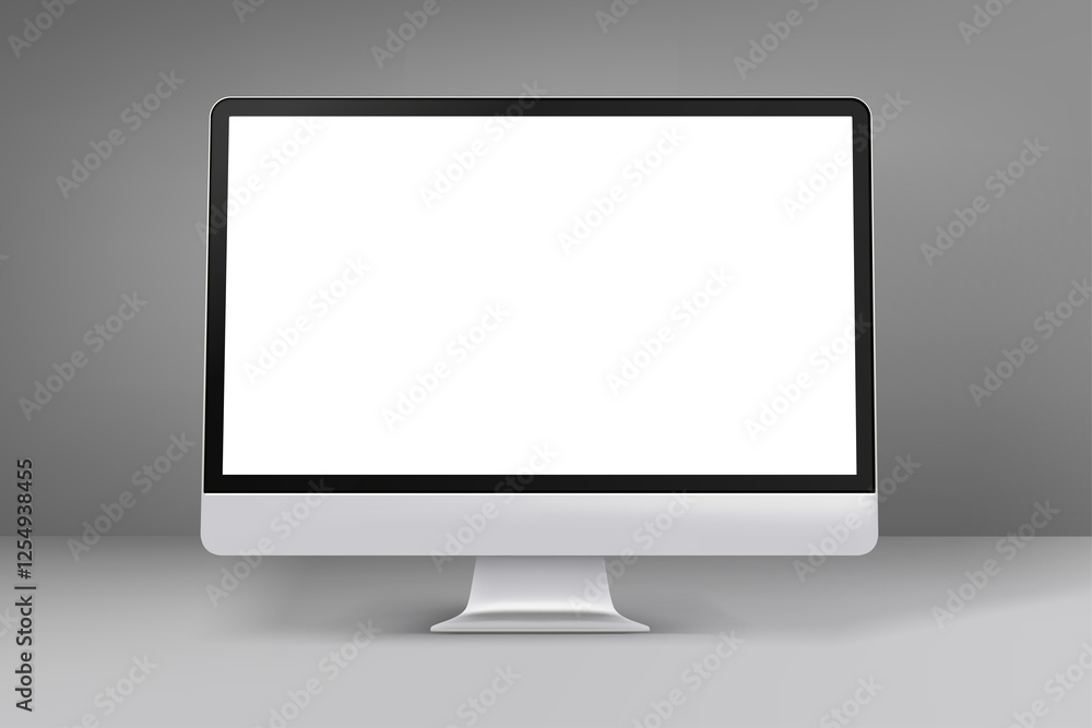 Aufkleber computer monitor in grey interior. 3d vector mockup