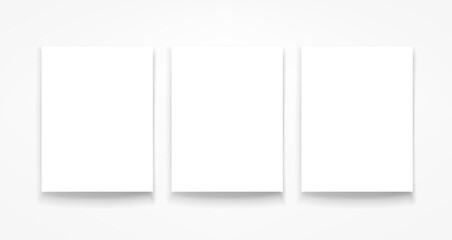 Three blank portrait frames on the wall. 3d vector mockup