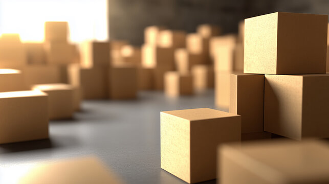 Warehouse concept with stacked boxes in foreground, blurred industrial background and natural ambient light, showcasing a busy, chaotic storage environment.