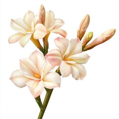 Naklejka premium Delicate Pink and Cream Frangipani Blossoms on a Green Stem Isolated Against a White Background
