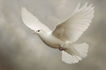 Obraz premium White dove gracefully soaring through a cloudy sky, symbolizing peace and hope amidst nature's beauty