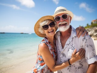 happy seniors couple in beach senior man and woman old retired couple relaxing by the sea on sunny day.