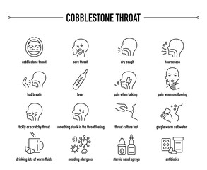 Cobblestone Throat symptoms, diagnostic and treatment vector icon set. Line editable medical icons.