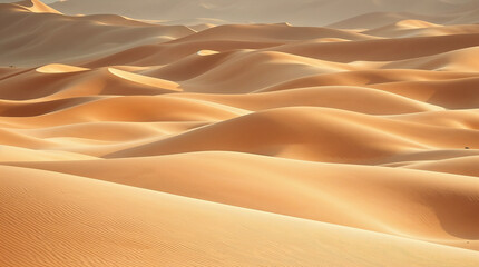 Golden sand dunes stretching into the horizon under warm sunlight