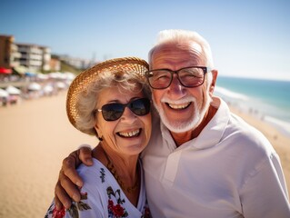 happy seniors couple in beach senior man and woman old retired couple relaxing by the sea on sunny day.