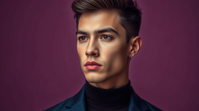 A man with a mustache and a black shirt is standing in front of a purple background. He has a serious expression on his face