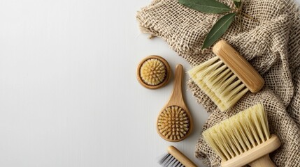 A collection of natural brushes lies on a textured surface, accompanied by fresh green leaves. This serene arrangement invites moments of mindfulness and self-care