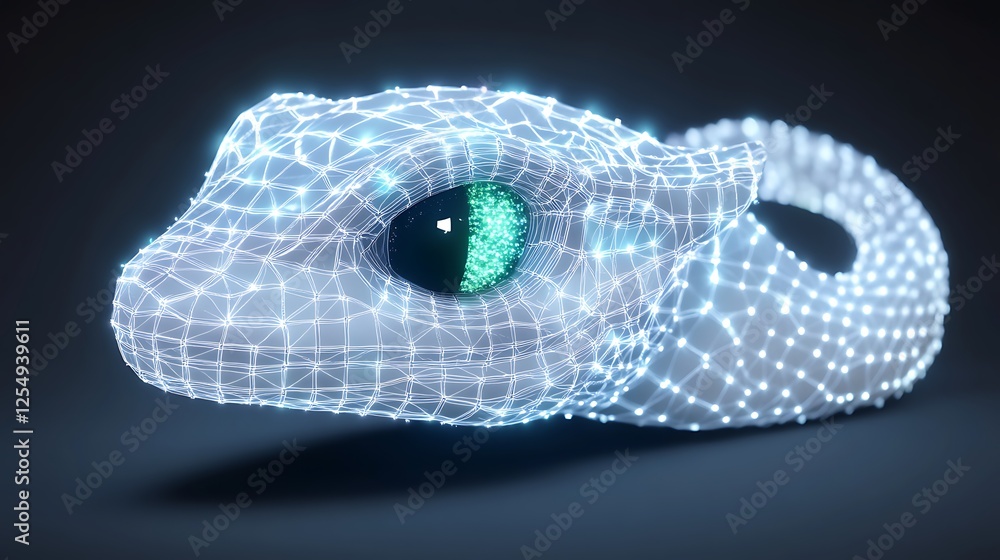 Poster digital reptile head technology art with glowing wireframe and emerald eye a conceptual rendering