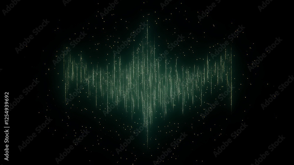 Poster digital sound spectrum visualization in emerald green on deep black backdrop with scattered particle