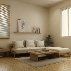 Minimalist living room with wooden furniture and neutral tones