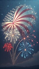 Stunning 3D Minimalist Fireworks Display Lighting Up the Night Sky with Red, White, and Blue Stars and Stripes, Symbolizing Patriotism