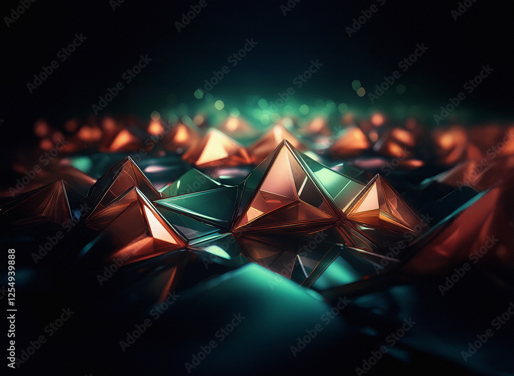 Poster abstract geometric background with dark teal and copper polygonal shapes. illuminated facets create 