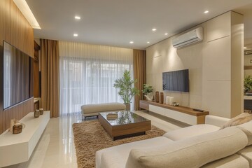 Modern living room with beige sofa, wooden coffee table, and large screen TVs.