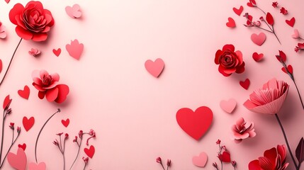 A vibrant arrangement of red and pink paper flowers and hearts on a soft pink background, embodying love and romance.