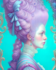 Naklejka premium Rococo digital portrait of noblewoman with lilac hair on a turquoise background with powdered wig