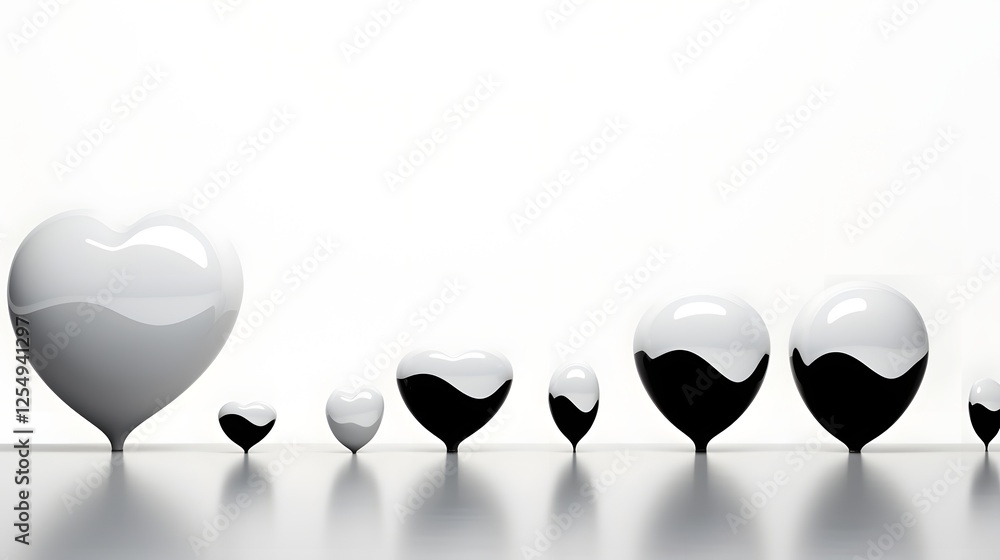 Poster floating minimalist heart symbols in various sizes against a clean monochrome background abstract an