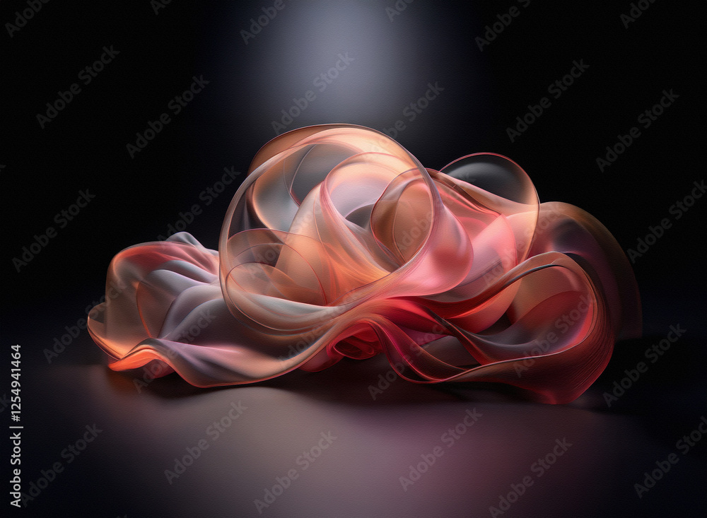 Poster abstract flowing form in warm orange and red tones against a dark background. translucent and dynami