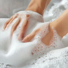Fototapeta premium Hands covered in thick soap bubbles while washing fabric.