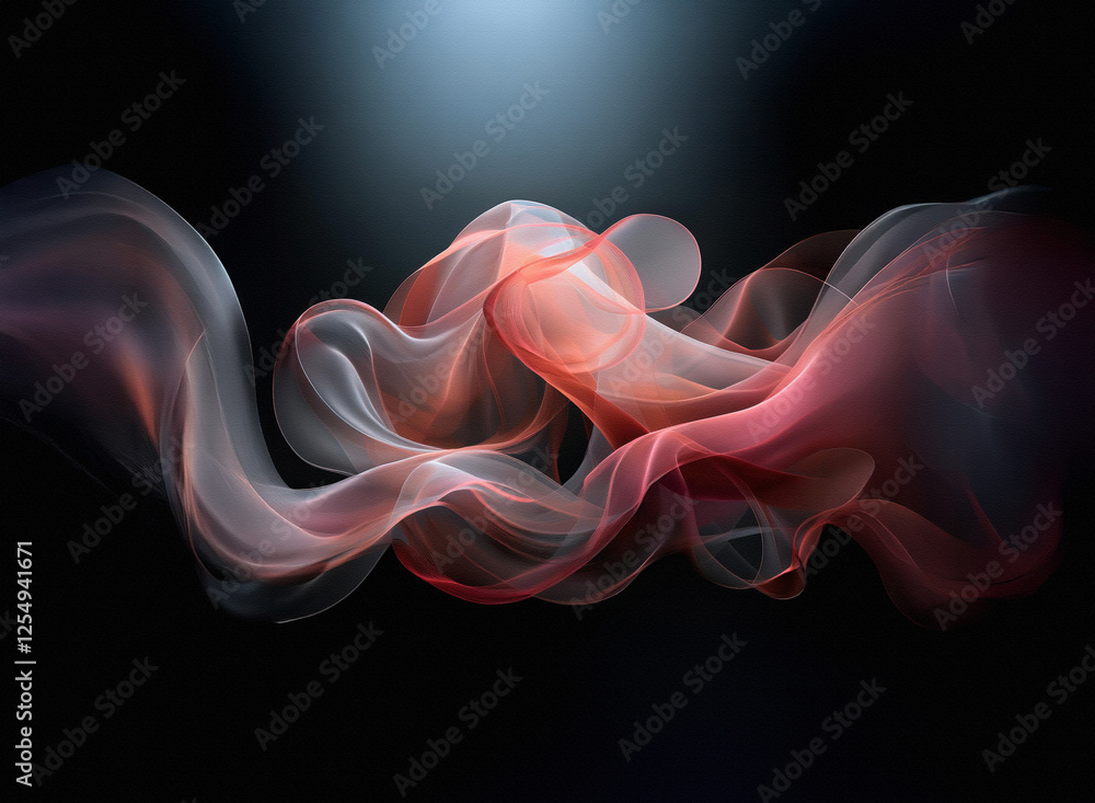 Poster abstract flowing waves of red and white smoke on a dark background. soft smooth curves create a dyna