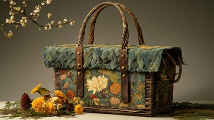 Studio photography rustic picnic basket display in close-up