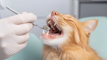 pet care and hygiene and preventive concept. Cat receiving dental care at a veterinary clinic.