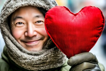 Commercial ad campaign concept art design. Valentine's day greeting from man or for man: remarkable bold image of loving asian midlife man. Love confession. Elegant romantic man. Man in love.