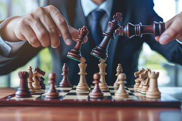 A man in a suit plays chess. The image has a mood of concentration and focus, man is intently looking at the chessboard.