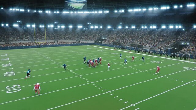 Aerial Footage of American Football Players Facing Each Other On the Field. Game Starts and an Athlete Making a Quick Pass to Teammate. Defenders Holding the Opposing Team. Spectators Enjoy the Action