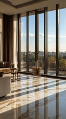 Bright and spacious living room with marble floors and large windows overlooking greenery