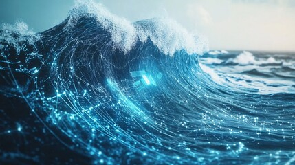 A vibrant digital wave merging technology and nature, showcasing swirling blue tones and glowing data patterns.