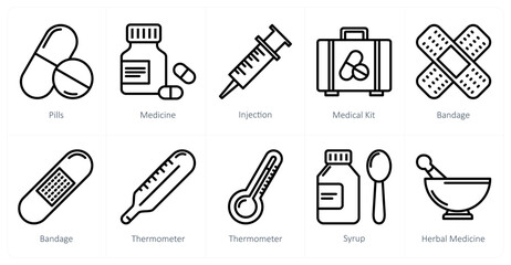 A set of 10 medical icons as pills, medicine, injection