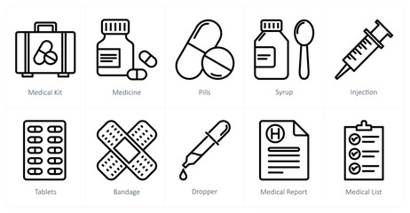 A set of 10 medical icons as medical kit, medicine, pills