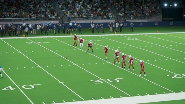 American Football Team Making a Kickoff, Kicking the Ball to Start the Game. Gridiron Player Catching the Ball and Starts Running to Score a Point