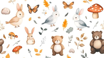 Fototapeta premium Watercolor pattern featuring forest animals leaves and toadstools