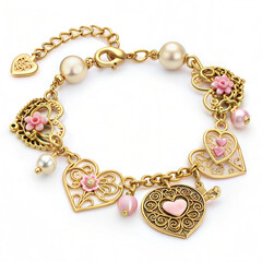 Rococo charm bracelet with heart-shaped pendants on light background for fashion accessories