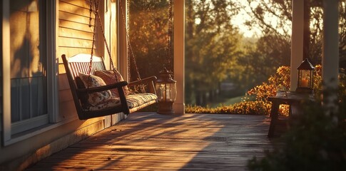 Cozy porch swing bathed in warm sunset light